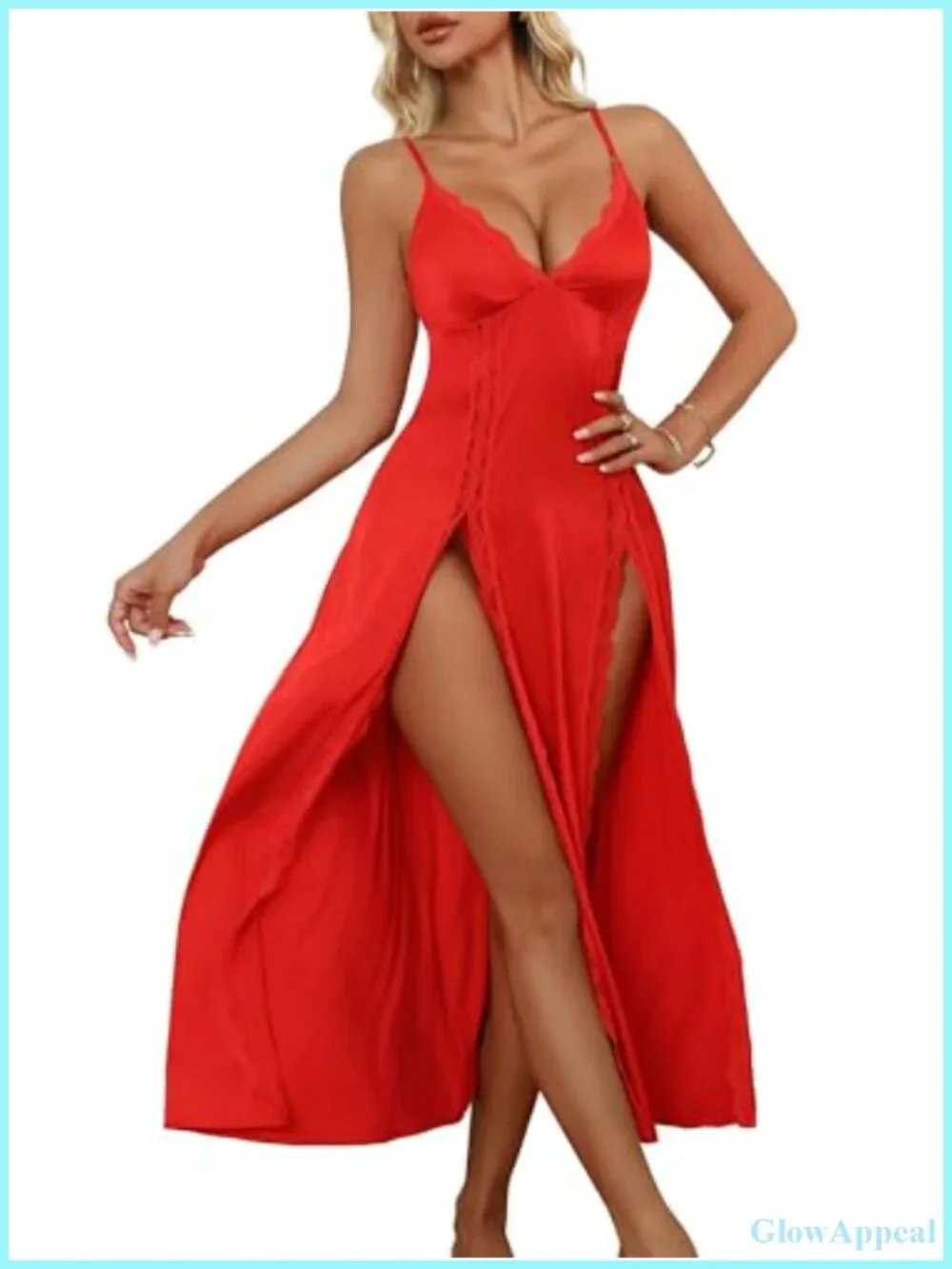 Women's Silk Nightgown with Lace Trim and Side Slits - Satin Sleep Dress
